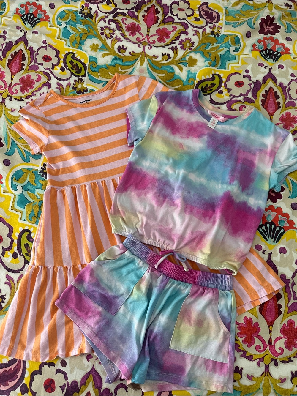 Girls Pastel Tie-Dye Tee & Shorts Set + Orange Striped Dress